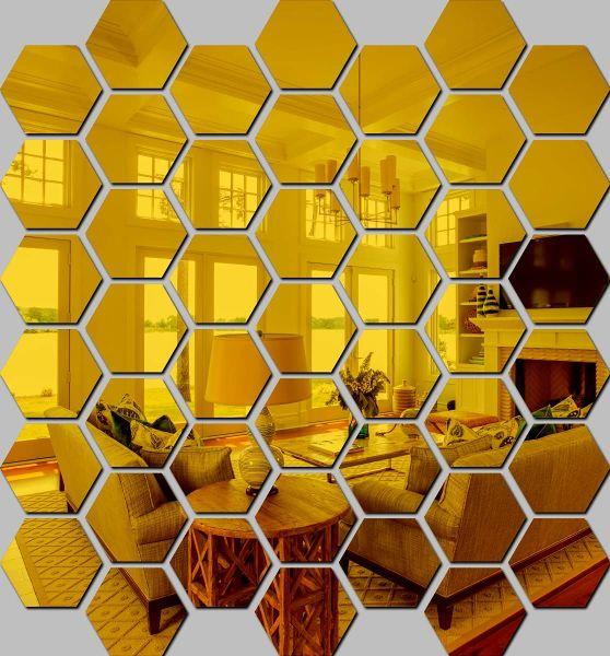 WallDaddy Mirror Stickers For Wall Pack Of 40 Hexagon Gold Color Flexible Mirror Size (10x12)Cm Each Hexagon